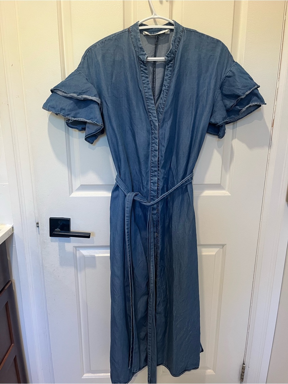Denim-Effect Blue Ruffle Sleeve Wrap Dress